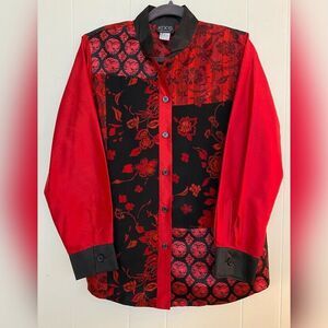 Koos Of Course Blouse Women’s Small Red Black Silk All Over Print Floral